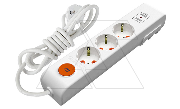 Купить Ri-tech - Удлинитель 3x2P+E, 2XUSB, нем. ст., со шторками, выключатель, кабель 3x1,5мм², 2м, белый фото