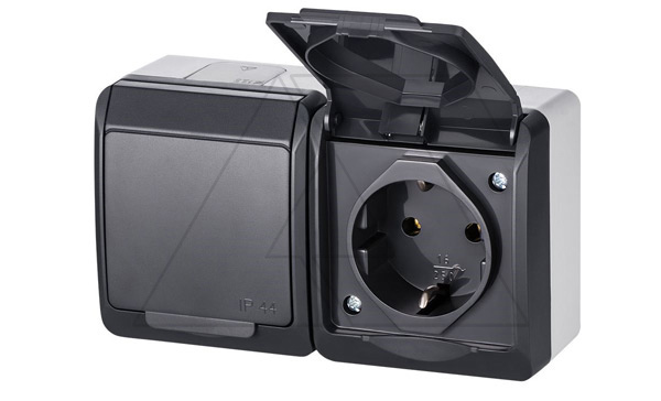 Купить HERMES - Розетка 2x2P+E, 16A/250V, с крышкой, IP44, антрацит фото