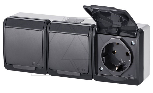 Купить HERMES - Розетка 3x2P+E, 16A/250V, с крышкой, IP44, антрацит фото