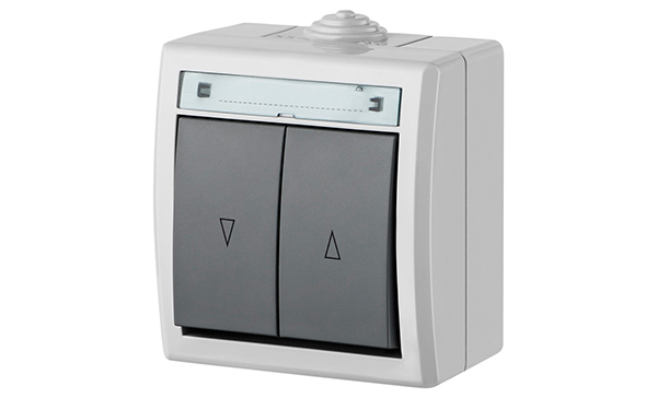 Купить AQUANT - Переключатель для роллет двухклавишный, 10A/250V, ABS ,UV, IP55, корпус RAL7035/кнопка RAL7043 фото