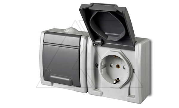 Купить AQUANT - Розетка 2x 2P+E горизонт., 16A/250V, с крышкой, ABS ,UV, IP55, корпус RAL7035/крышка RAL7043 фото