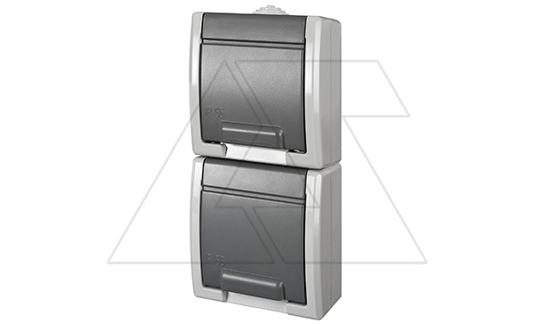 Купить AQUANT - Розетка 2x 2P+E вертикальная, 16A/250V, с крышкой, ABS ,UV, IP55, корпус RAL7035/крышка RAL7043 фото