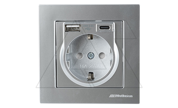 Купить Rita - Розетка 2P+E, USB Type A, USB Type С, 2,4A (однопостовой монтаж в комплекте с рамкой), нерж. сталь фото