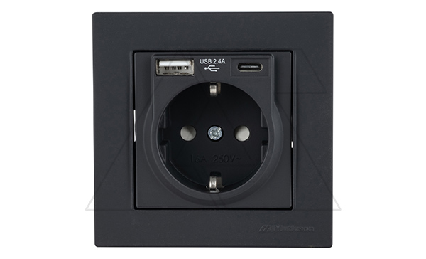 Купить Rita - Розетка 2P+E, USB Type A, USB Type С, 2,4A (однопостовой монтаж в комплекте с рамкой), черный мат фото