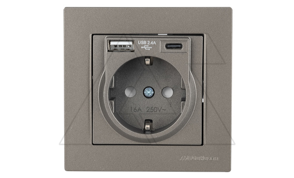 Купить Rita - Розетка 2P+E, USB Type A, USB Type С, 2,4A (однопостовой монтаж в комплекте с рамкой), антрацит фото