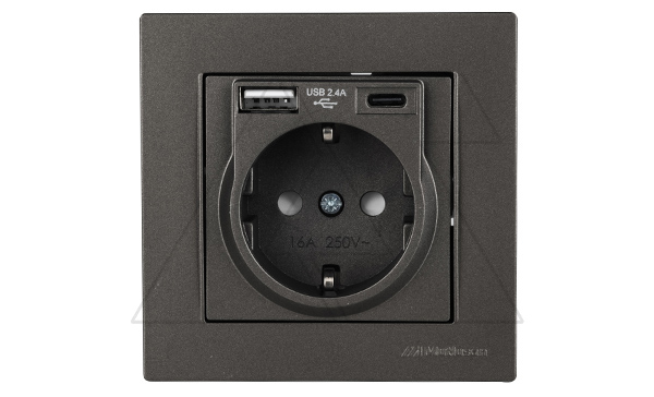Купить Rita - Розетка 2P+E, USB Type A, USB Type С, 2,4A (однопостовой монтаж в комплекте с рамкой), дымчатый фото