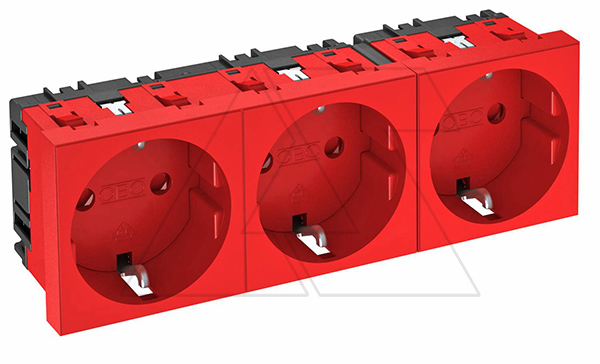 Купить Розетка STD-D0 SRO3, 3x2P+E нем.ст., 16А, 250V ~, 0°, пруж. зажимы, защ. шторки, красный, поликарбонат фото