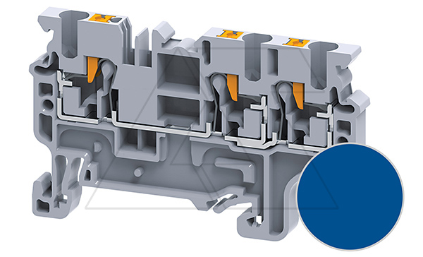 Купить Клемма проходная CP2.5/3BU /5x62,5mm, push-in, 3 присоед., 2,5(max 4)mm2, 24A, 1000V, синяя фото