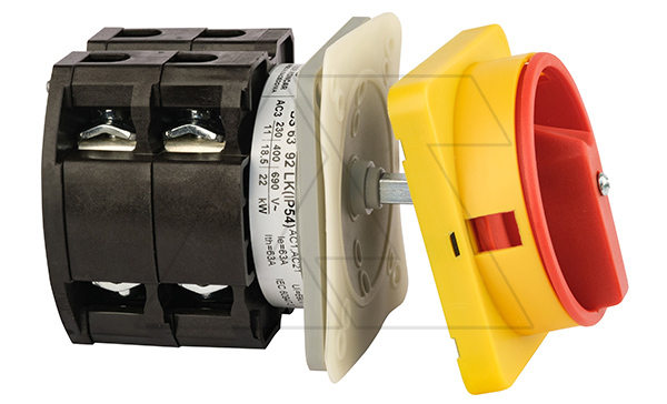 Купить Переключатель BS 63 92 LK (IP54), аварийный, 4P, 63A, тип 0-1, 22kW(400VAC по АС-23), на дверь, красная блокируемая в 0 рукоятка, фронт IP54 фото