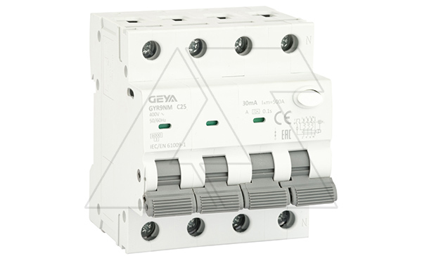 Купить Дифф. авт. выключатель GYR9NM-C25-30mA, 3P+N, 25A, хар-ка C, 6 kA, 30mA, тип A, 4M фото