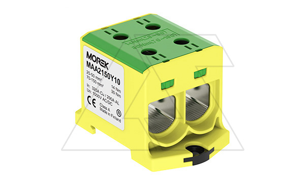 Купить Клемма Morek OTL150-2 желто-зеленая, 2xAl/Cu 25_150mm², 320(CU)/290(AL)A на клемму, 1000V, винтовые зажимы фото