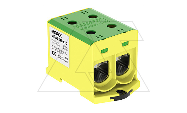 Купить Клемма Morek OTL240-2 желто-зеленая, 2xAl/Cu 35_240mm², 425(CU)/380(AL)A на клемму, 1000V, винтовые зажимы фото