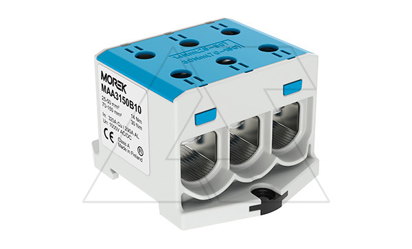 Купить Клемма Morek OTL150-3 синяя, 3xAl/Cu 25_150mm², 320(CU)/290(AL)A на клемму, 1000V, винтовые зажимы фото