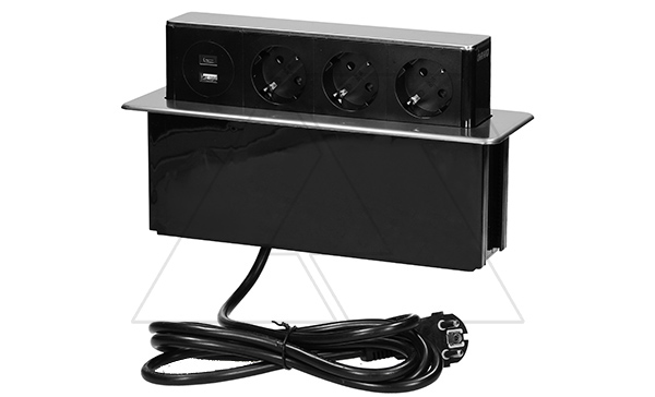Купить Блок розеточный встраиваемый ,выдвижной 2хUSB Type A 5V 2,4A + С 5V 3,1A + 3x2P+E со шторками кабель 2м, 3680вт, нержавеющая сталь фото