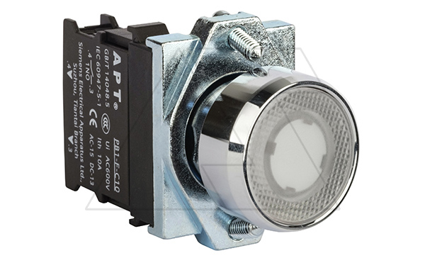 Купить Кнопка плоская PB1S, белая, с фиксацией, с подсветкой без LED, 1NO, 6A 230VAC/24VDC, 22mm, IP65 фото