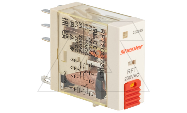 Купить Реле RFT2CO730LT, 2CO, 8A(250VAC/30VDC), 230VAC, мех. индикация, тест-кнопка с блокировкой, LED фото
