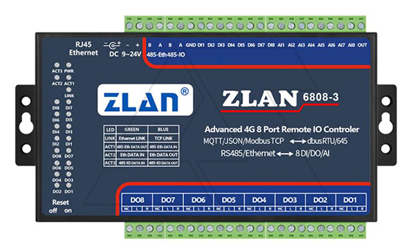 Купить Станция удаленного ввода/вывода ZLAN6808-3-EU, 8DI, 8RO, 8AI (4..20MA), RS-485 (Modbus RTU), Ethernet (Modbus TCP), 24VDC, EU, DIN35 фото