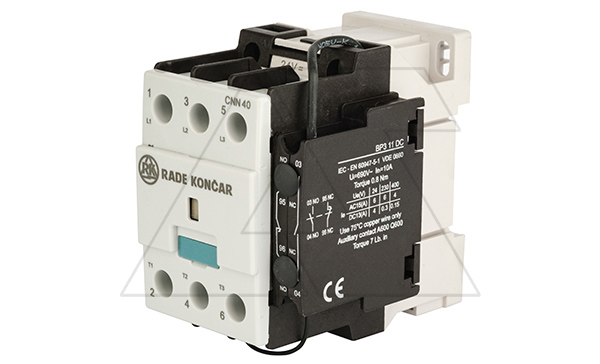 Купить Контактор CNN 40 10, 24VDC, 3P, 38A/(50A по AC-1), 18.5kW(400VAC), 1NO, Uk=24VDC, Iвтяг=5,2А, Iуд=0,12А Rade Koncar фото