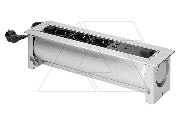 Купить Блок розеточный встраиваемый 2хRJ45 кат. 5e UTP + HDMI + 3x2P+E (Shuko) со шторками, с электроприводом, кабель 1,5м, 3680вт, алюминий ORNO фото
