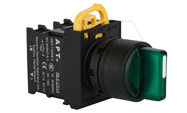 Купить Переключатель PB3E, зеленый, I-0-II, фиксация, 2NO, 6A 230VAC/24VDC, с подсветкой без LED, 22mm, IP65 APT фото