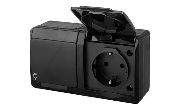 HERMES - Розетка 2x2P+E, 16A/250V, с крышкой, IP44, черный Elektro-Plast даташит схема