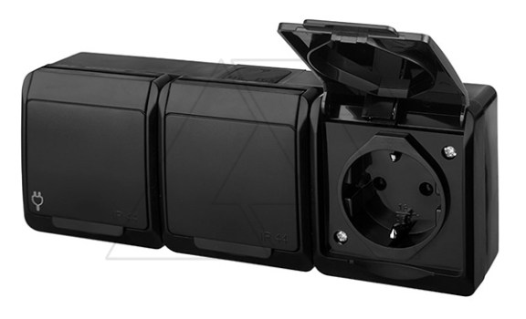 HERMES - Розетка 3x2P+E, 16A/250V, с крышкой, IP44, черный Elektro-Plast даташит схема