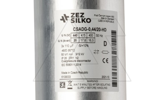 Конденсатор CSADG-0,44/20-HD, трехфазный, 20kVAr(440VAC), 16.5kVAr(400VAC), MKP заполненный газом, клеммник S=16mm², тяжелый режим, IP20 ZEZ Silko даташит схема