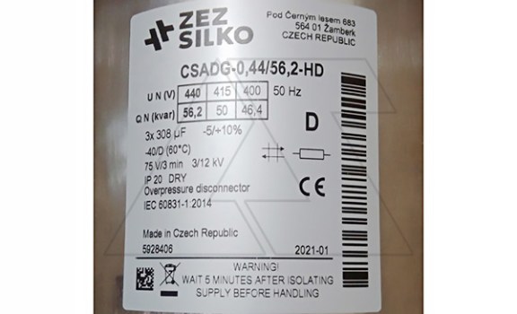 Конденсатор CSADG-0,44/56,2-HD, трехфазный, 56.2kVAr(440VAC), 46.4kVAr(400VAC), MKP заполненный газом, клеммник S=35mm², тяжелый режим, IP20 ZEZ Silko даташит схема