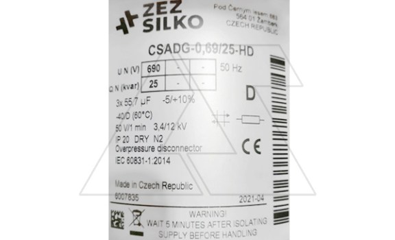 Конденсатор CSADG-0,69/25-HD, трехфазный, 25kVAr(690VAC), MKP заполненный газом, односторонний клеммник S=25mm², тяжелый режим, IP20 ZEZ Silko даташит схема