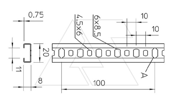 Рейка CL2008BP2000FS профильная, С-образная, перфорированная, 8Х20Х2000мм (ВхШхД), шлиц 11мм, конв. оцинк. OBO-Bettermann даташит схема