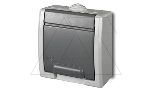AQUANT - Розетка 2P+E, 16A/250V, с крышкой, ABS ,UV, IP55, корпус RAL7035/крышка RAL7043 фото
