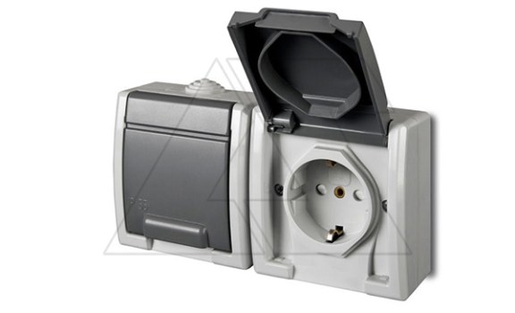 AQUANT - Розетка 2x 2P+E горизонт., 16A/250V, с крышкой, ABS ,UV, IP55, корпус RAL7035/крышка RAL7043 фото