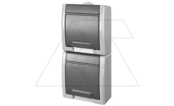 AQUANT - Розетка 2x 2P+E вертикальная, 16A/250V, с крышкой, ABS ,UV, IP55, корпус RAL7035/крышка RAL7043 фото