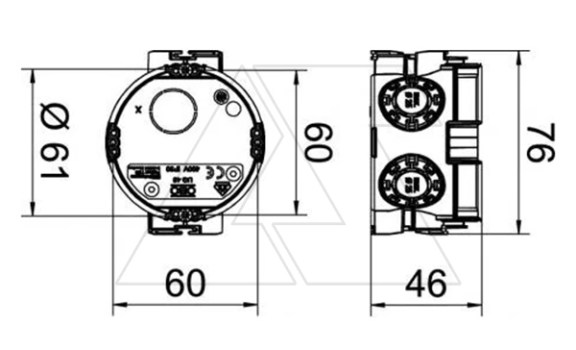 Подрозетник UG 46-GS одиночный, 650°С, Ø64мм, h=46мм, для спл. стен, с винтами, черный, полипропилен OBO-Bettermann даташит схема