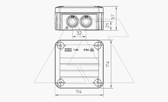 Коробка распред. T 60, без клемм, IP66, 114х114х57мм, 7 вводов М25, Halogen Free, UV-resistant, серый, полипропилен OBO-Bettermann даташит схема