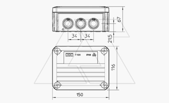 Коробка распред. T 100, без клемм, IP66, 150х116х67мм, 10 вводов М25, Halogen Free, UV-resistant, серый, полипропилен OBO-Bettermann даташит схема