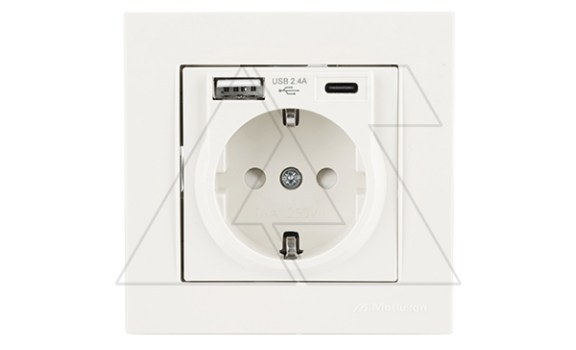 Rita - Розетка 2P+E, USB Type A, USB Type С, 2,4A (однопостовой монтаж в комплекте с рамкой), белый фото