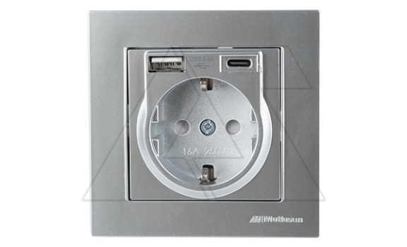Rita - Розетка 2P+E, USB Type A, USB Type С, 2,4A (однопостовой монтаж в комплекте с рамкой), нерж. сталь фото