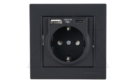 Rita - Розетка 2P+E, USB Type A, USB Type С, 2,4A (однопостовой монтаж в комплекте с рамкой), черный мат фото