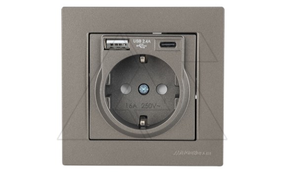 Rita - Розетка 2P+E, USB Type A, USB Type С, 2,4A (однопостовой монтаж в комплекте с рамкой), антрацит фото