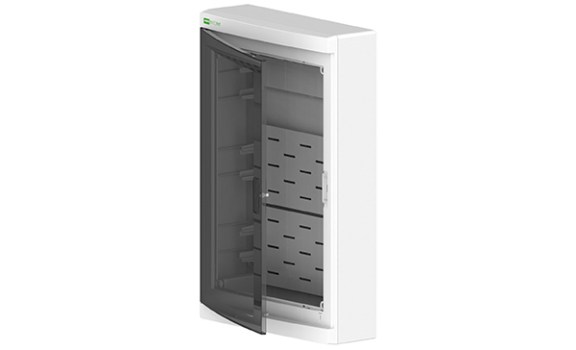 Щит навесной ELEGANT мультимед, патч-панель, 1xSCHUKO, 2xМП, дымчатая пласт. дверь, белый RAL9003, 310x475x104 mm, IP40 фото
