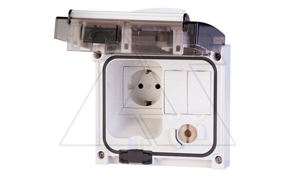 Розетка встраиваемая SCHUKO 2P+E IP56 16A 200-250V с шторками 136x125 серия OMNIAPLUS фото
