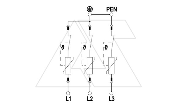 Разрядник V50-3-280, 3P, It(10/350)=37,5кА, It(8/20)=120кА, Up=1.3кВ, В+C OBO-Bettermann даташит схема