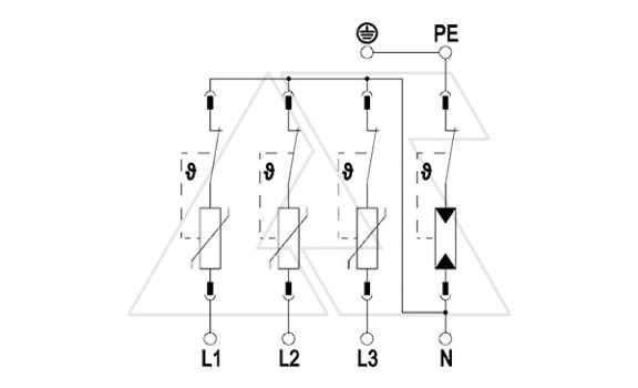 Разрядник V50-3+NPE-280, 4P, It(10/350)=50кА, It(8/20)=160кА, Up=1.3кВ, В+C OBO-Bettermann даташит схема