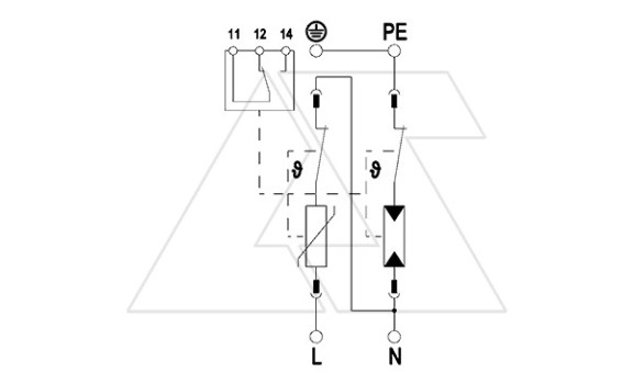 Разрядник V50-1+NPE+FS-280, 2P, It(10/350)=25кА, It(8/20)=80кА, Up=1.3кВ, с дист. сиг., B+C OBO-Bettermann даташит схема