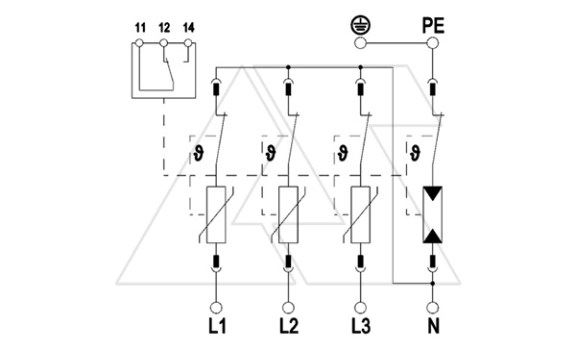 Разрядник V50-3+NPE+FS-280, 4P, It(10/350)=50кА, It(8/20)=160кА, Up=1.3кВ, с дист. сиг., B+C OBO-Bettermann даташит схема