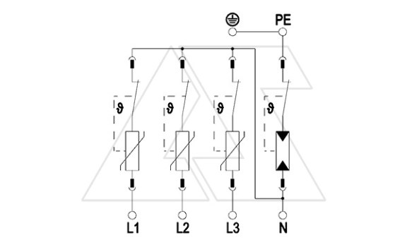 Разрядник V20-3+NPE-280, 4P, Un=230В, Imax=160кА, Up<1.3кВ, класс С OBO-Bettermann даташит схема