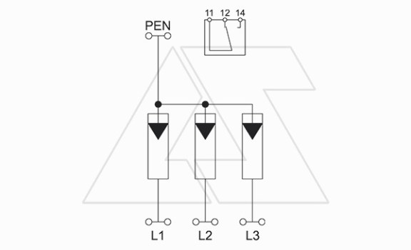 Разрядник MCF75-3+FS, 3P, It(10/350)=75кА, It(8/20)=75кА, Up=1.5кВ, с дист. сиг., B+C OBO-Bettermann даташит схема