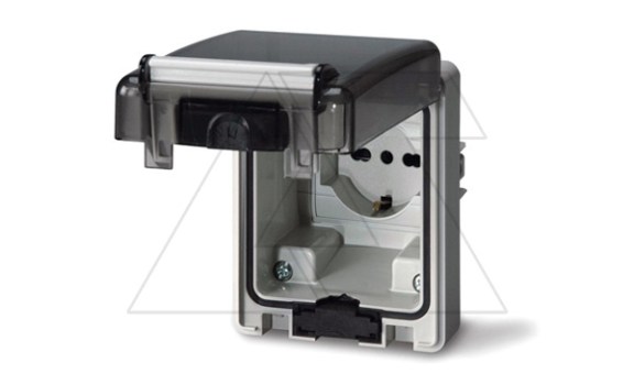 Розетка встраиваемая 16A, SCHUKO с шторками 2P+E, 200_250VAC 50/60Hz, уст. 70x87(84x106)mm с дораб., IP66, серия DOMOPLUS фото