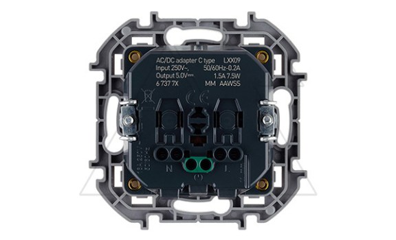 Inspiria - Розетка 2P+E нем. стд., с USB Type С, 1500mA - 5В (белый) Legrand даташит схема